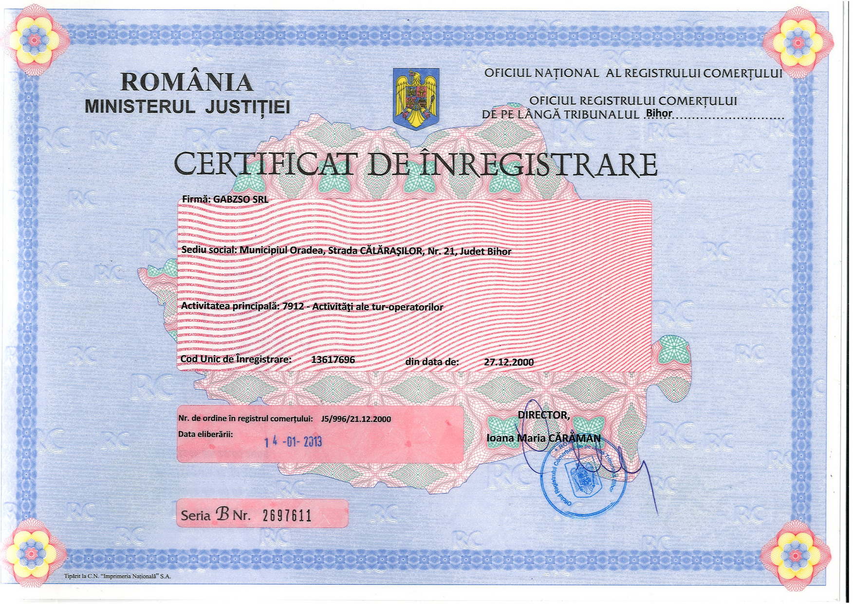 Certificat de Inregistrare